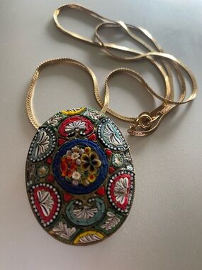Vintage stamped Italy Gold Multicolor Micro Mosaic Floral Pendant Necklace